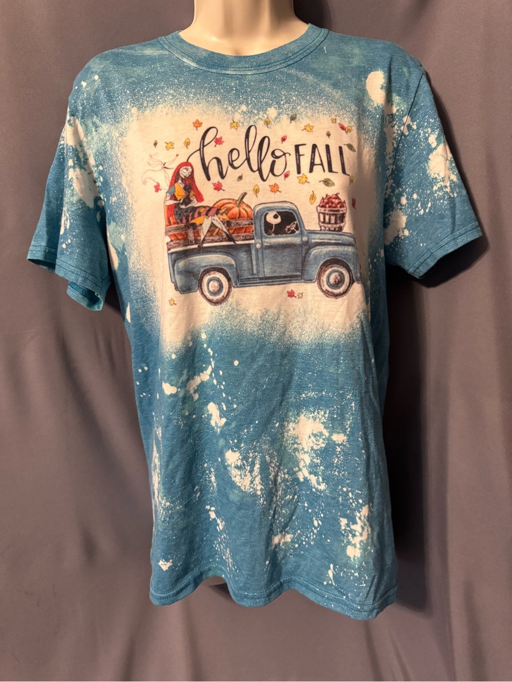 bleached blue short-sleeve t-shirt “Hello Fall" Jack Skellington Sally